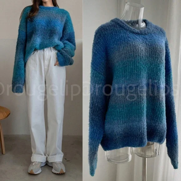 Blue Ombre Oversized Pullover Knit Sweater Round Neck Long SLeeve - Picture 11 of 16